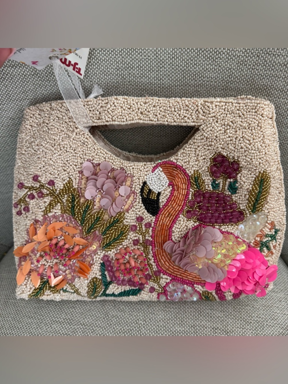 Made in India Beaded Flamingo Embellished handbag- Pink/Peach Floral - Picture 4 of 7